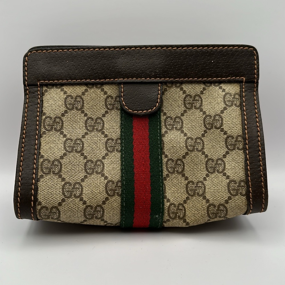 Gucci Beige Monogram Cosmetic Case with Green and Red Stripe
